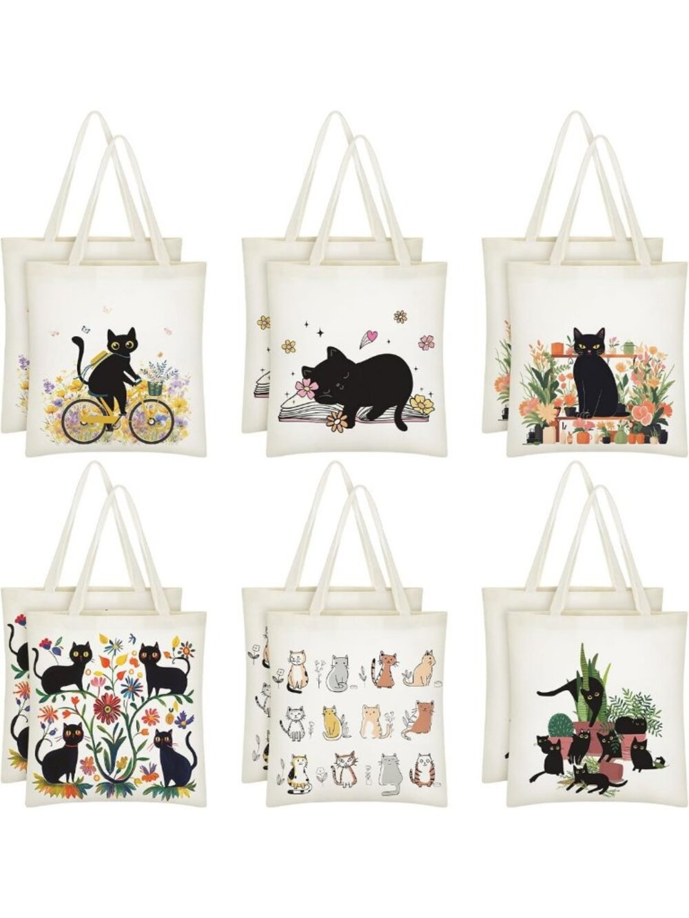 12 Cute Black Cat Tote Bags - Canvas Gift Bags for Women & Cat Lovers